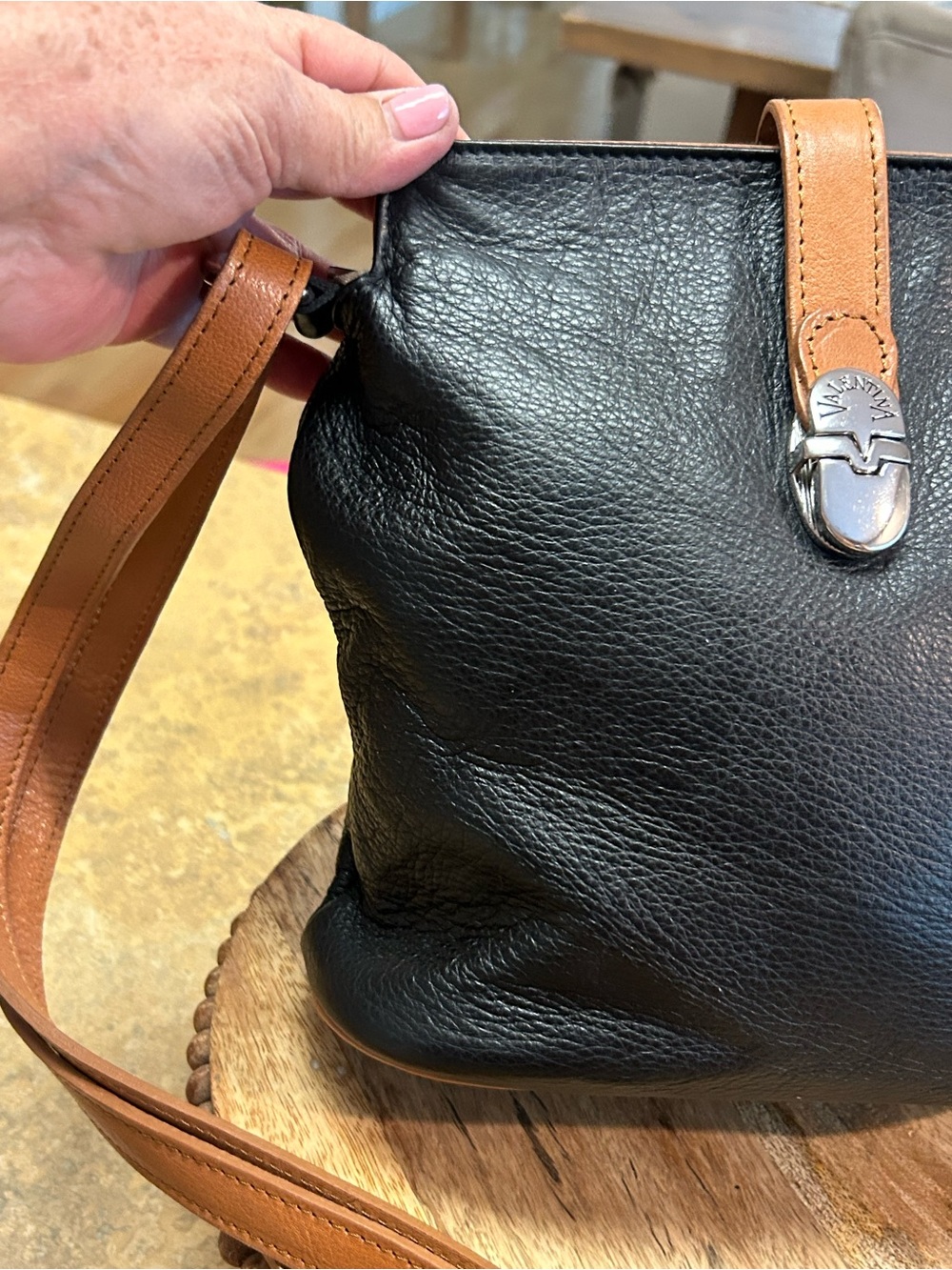 Valentina Leather Bucket Crossbody Bag in Black and Tan - Picture 2 of 16